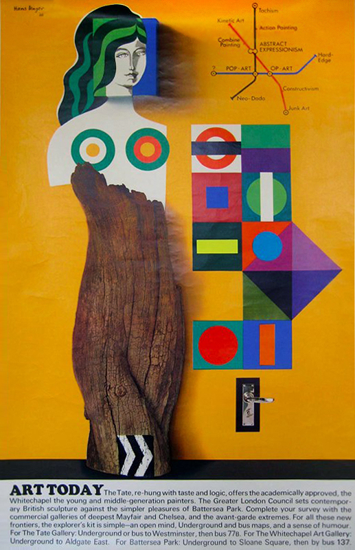 Art Today poster with an abstract figure made of tree trunk and colorful shapes