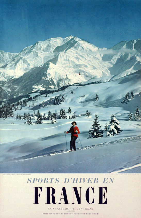 mont blanc ski poster with a skier on a snowy mountain