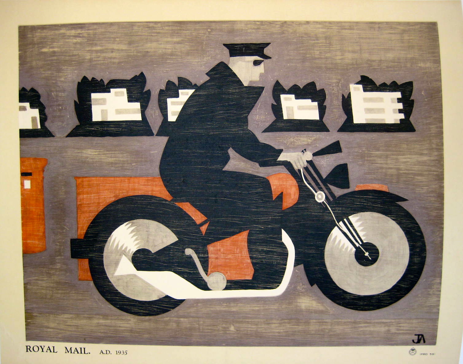 GPO Royal Mail poster by John Armstrong with abstract motorcycle rider