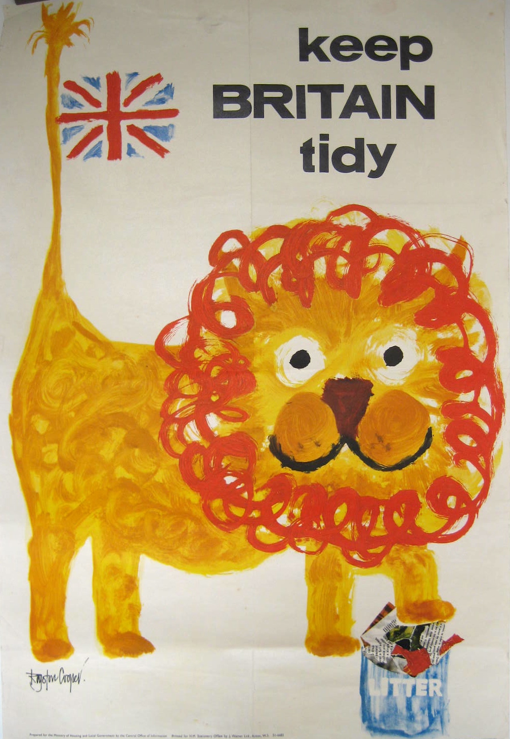 A cartoon lion putting trash in a bin
