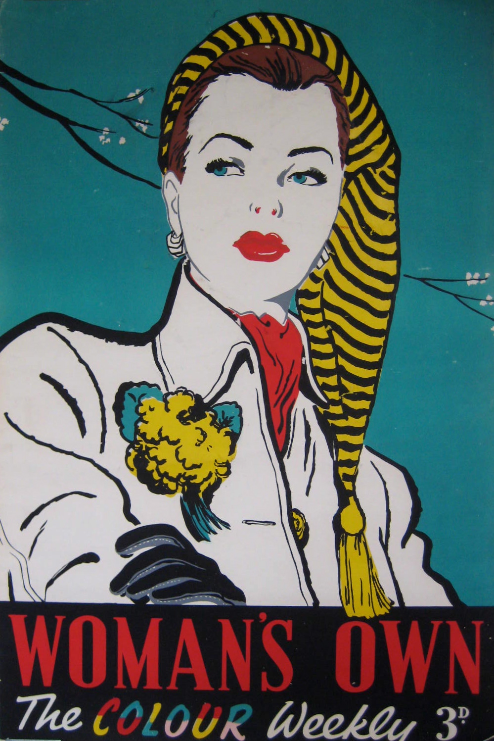 A woman with red lips and striped head scarf/hat