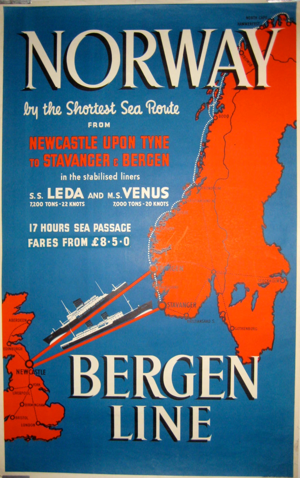a pictorial route map with ships leaving britain toward norway