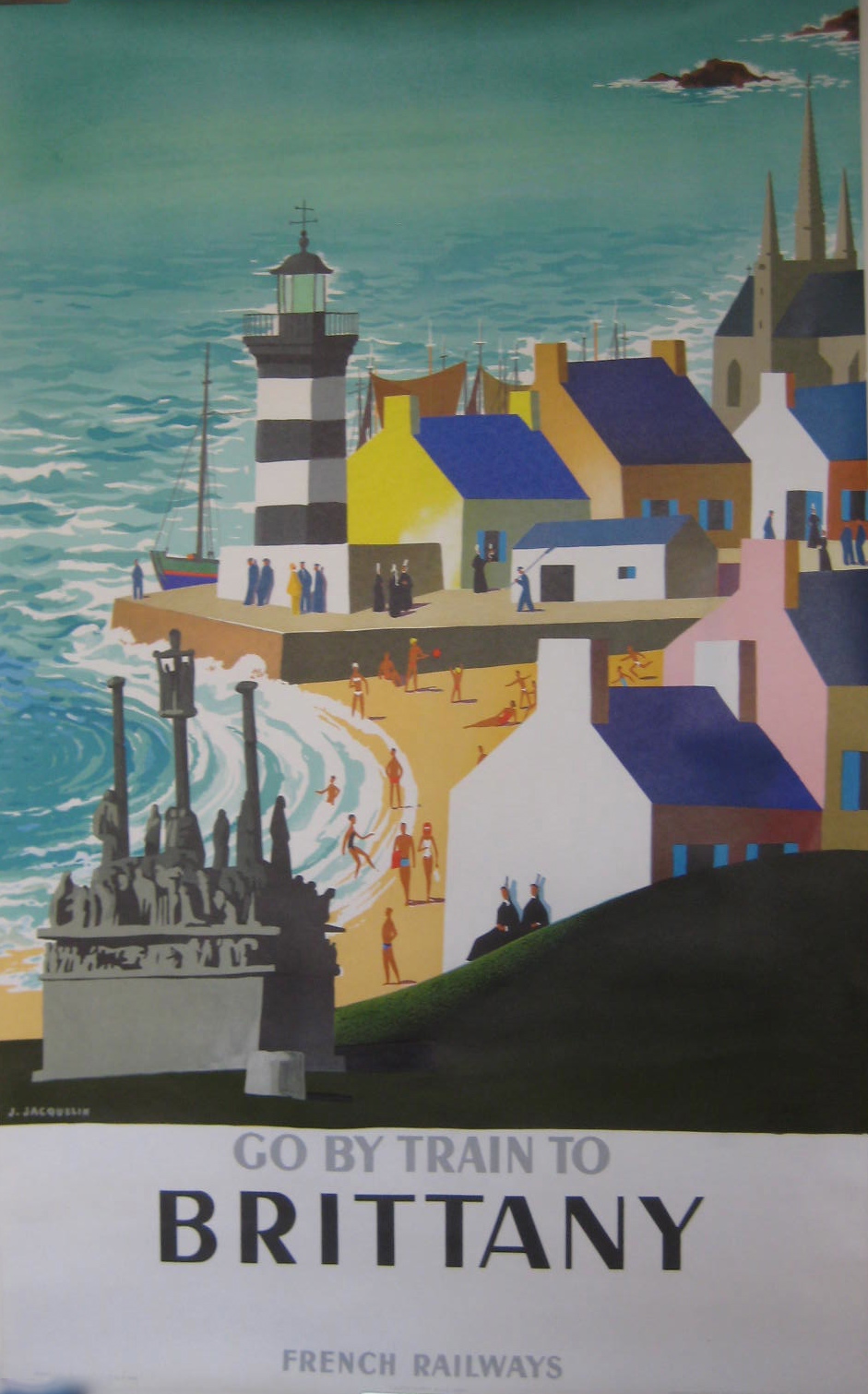 A travel poster; A cubist coastal aerial view with colorful buildings and people at a beach in the distance