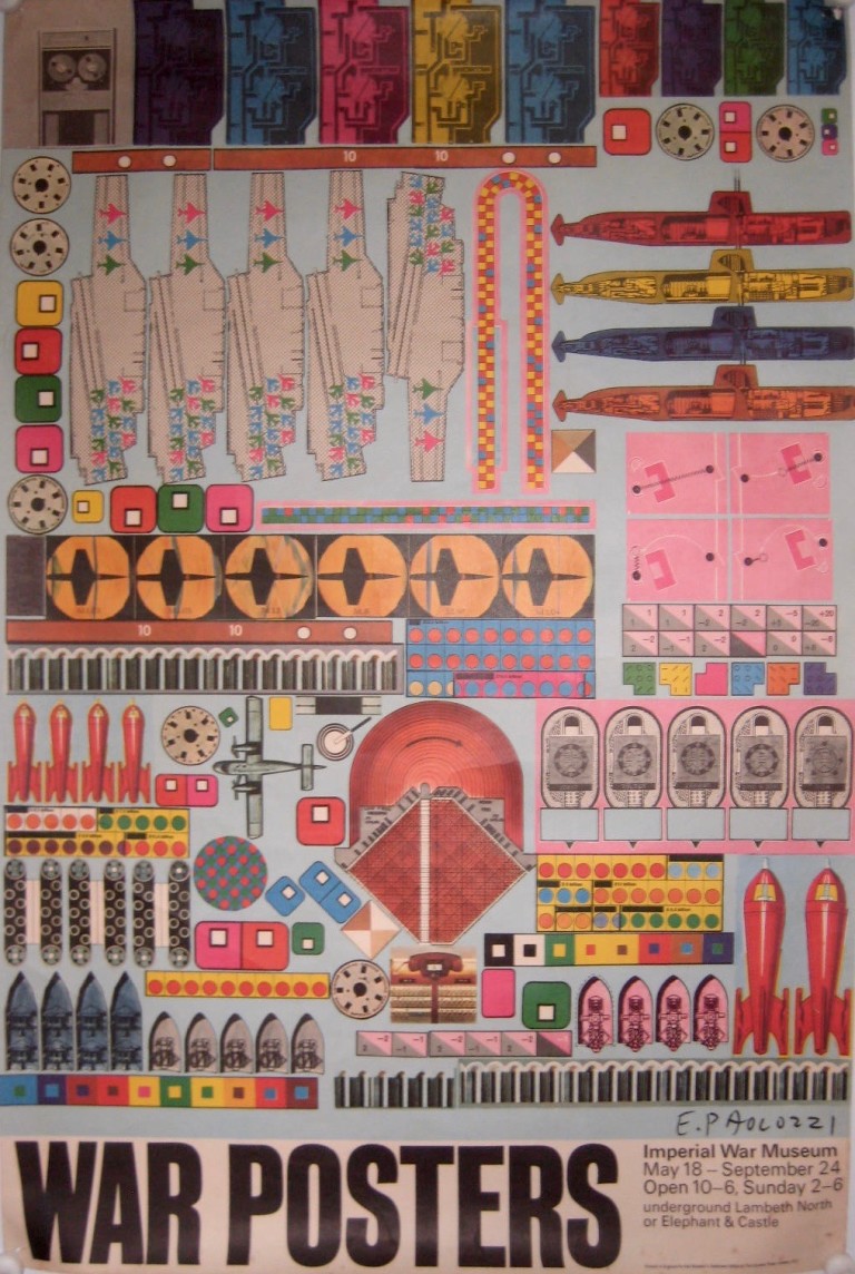 A collage of colorful war objects like bombs, airplanes, and submarines