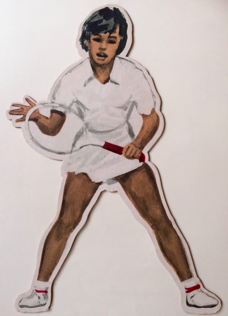 A cut out of a girl holding a tennis racket