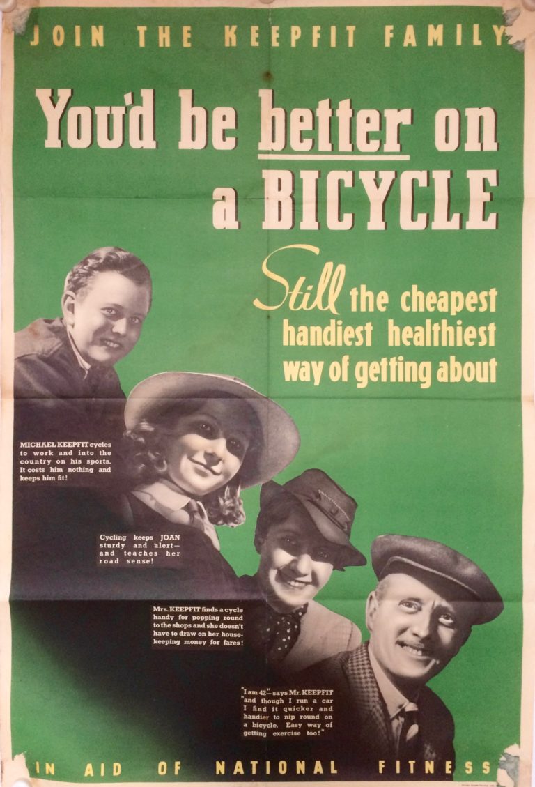 You'd be Better on a Bicycle poster with faces of four people: a boy, a girl, a woman, and a man with green backround